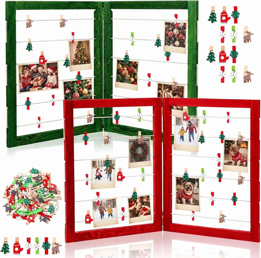 Geelin 36 x 24 Inch 2 Set Photo Display Board, 2 Panel, Christmas Colors
with Clips, Rustic Freestanding Picture Collage Frame, Farmhouse Photo Hanging, Christmas Card Display Stand, for Holiday