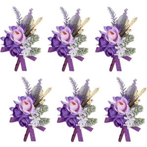 Meldel Purple Boutonniere for Men Wedding, Set of 6, Groom and Best Man Boutonniere for Wedding Ceremony Anniversary, Formal Dinner Party and Rustic Fall Wedding Marriage