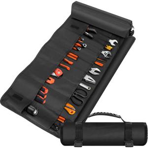 20-Pocket Heavy Duty Tool Roll Bag - Waxed Canvas Wrench Roll Organizer with Zippered Pocket - Waterproof & Portable Tool Bag for Mechanics, Electricians, Plumbers & DIY - Black
