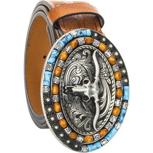 Western-Cowboy-Belts for Women Men Vintage Floral-Engraved Bull Head Buckle Cowgirl-Waist-Belt for 25 to 38" Waist (For Waist 27-32 in, Brown-blue Beads)