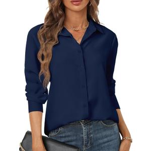 Blue Button Down Shirt Women Womens Blouses and Tops Dressy Elegant Business Attire Casual Summer Beach Long Sleeve Dress Shirts v Neck Party Club Night Collar Uniform Going Out Navy Blue, Size S