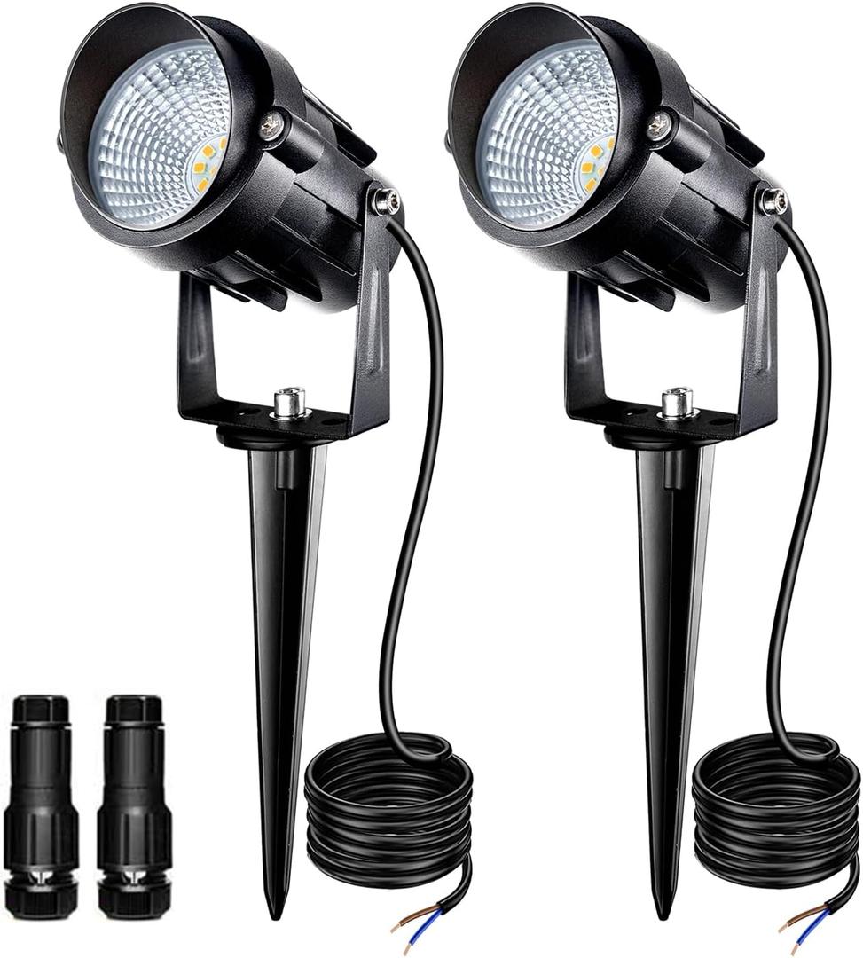 5W Low Voltage Landscape Lights with Connectors, AC/DC 12V-24 Landscape Spotlights 3000K Warm White Waterproof Garden Yard Pathway Wall Tree Flag Landscaping Lights with Spike Stand (2 Pack)