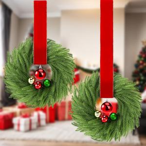 Thiccywoov 2 Pcs 14 Inch Christmas Norfolk Pine Wreaths with Balls Mini Artificial Wreaths with Ornaments and Ribbon Xmas Realistic Hanging Pendant for Front Door Fireplace Porch Wall Window Outdoor