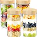 DRKIO 24 Oz Overnight Oats Containers with Bamboo Lids - 4 Pack Glass Storage Jars with Airtight Lids Wide Mouth Mason Food Jars Great for Meal Prep Salad Chia Pudding Snacks Yogurt Sugar Spice