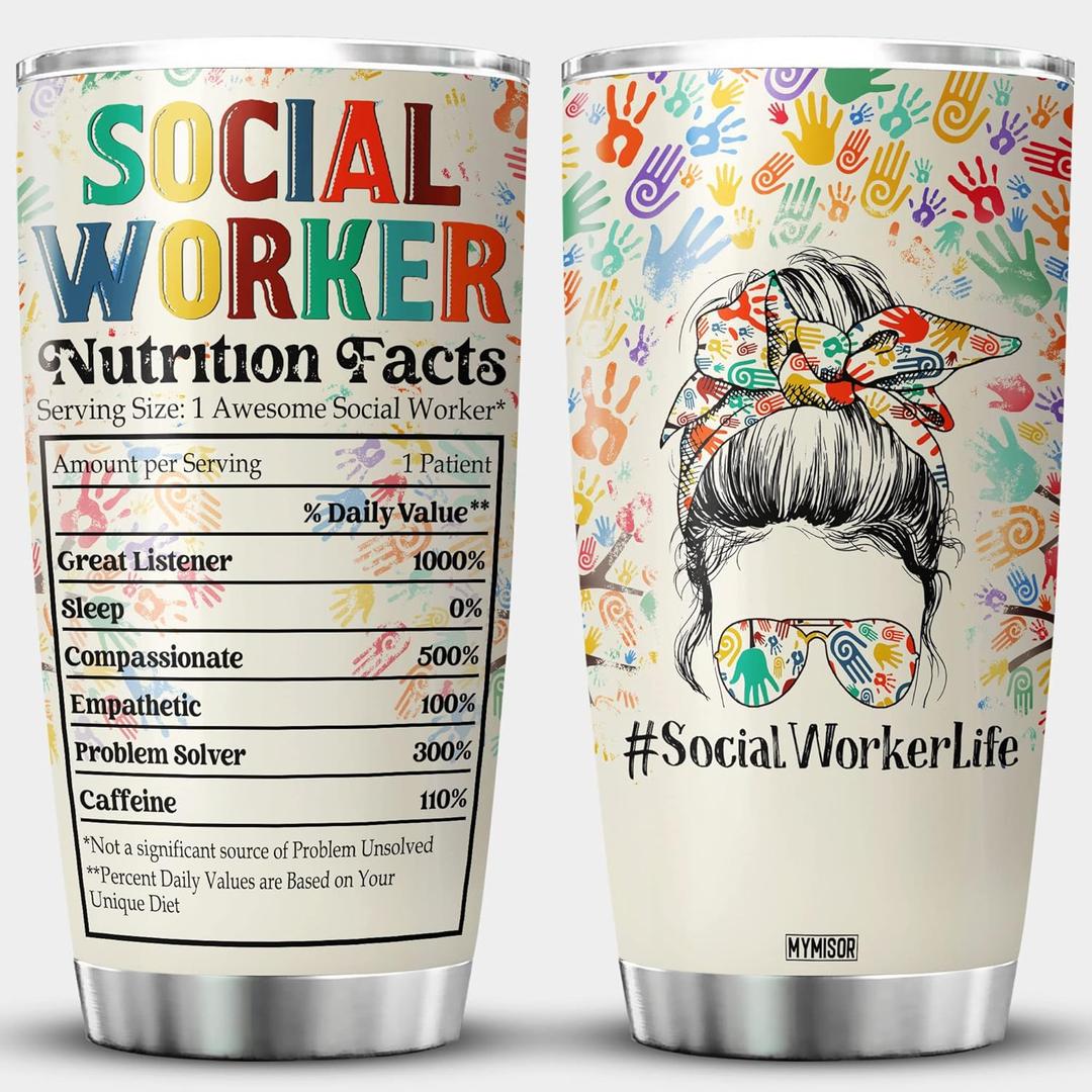 Social Worker Nutrition Fact Tumbler Mug 20oz Appreciation Graduation Gifts For BSW DSW Colorful Social Tree Messy Bun Hair MSW LCSW Gift For Women Caregiver Insulated Cup
