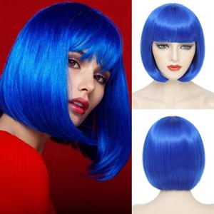 Blue Bob Wig With Bangs Short Blue Wigs For Women Straight Bob Bangs Wig 10 Inch Heat Resistant Synthetic Hair Natural Looking For Daily Party Use