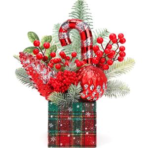 Small Christmas Tree Tabletop Artificial Mini Christmas Tree Decorations with Holiday Ornaments Red Berry Pine Cone Greenery for Home Indoor Fireplace Mantel Xmas Decor (Large-Square-Red)
