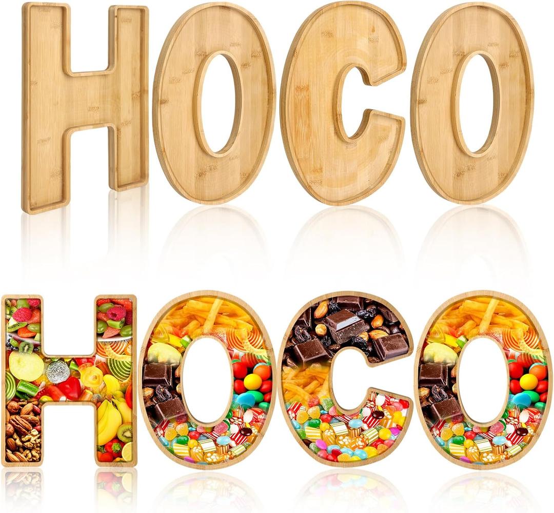 Weysat 4 Pcs 12" Hoco Letters Food Trays 2025 Homecoming Decorations Hoco Party Supplies Wooden Charcuterie Board for Homecoming Football Game Party Favor Berry Cheese Vegetable Food Candy Dish Plate