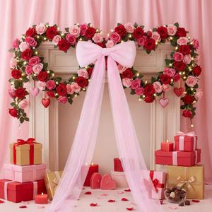 Zeyune Giant Mesh Bow Wedding Decoration Extra Large Bow Coquette Room Decor Hanging Backdrop for Wedding Door Arch Birthday Baby Shower Bachelorette(Pink,55.12 x 25.59 Inch)