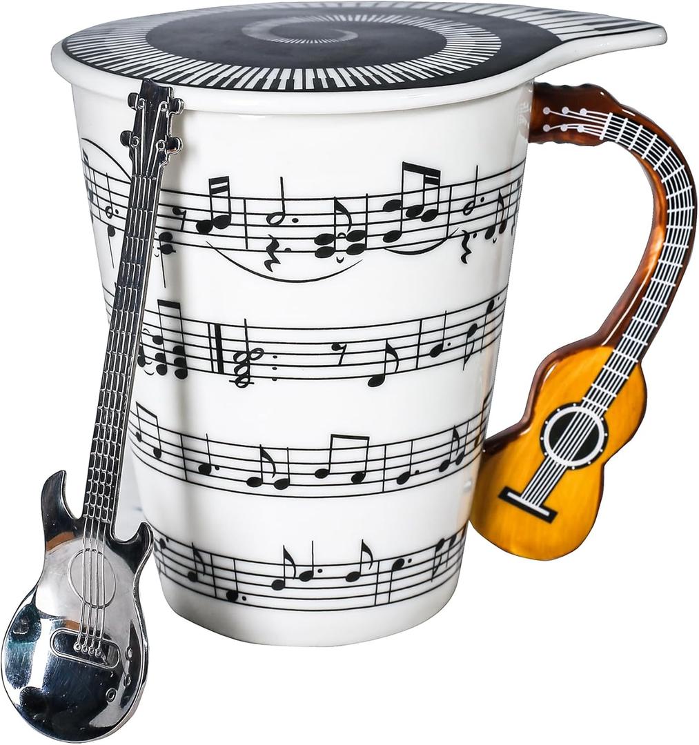 Guitar Novelty Mug Unique Musical Gift Coffee Cup with Cool Music Themed Lid & Guitar Handle Design & Guitar Spoon, Great Gifts for Music Teachers,&guitarLoversfor Holidays,Fathers Day,Men,Woman
