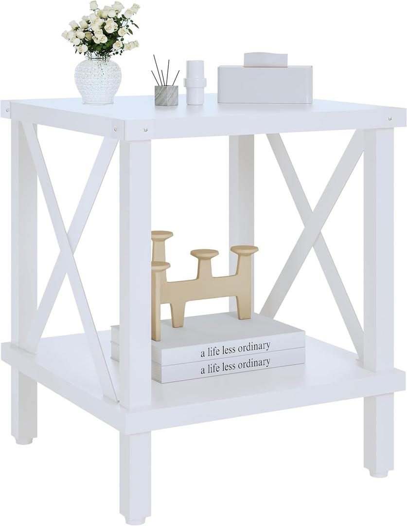Large End Table Farmhouse Side Table Industrial Style Sofa Table Metal X Wood Accent End Table NightStand with Storage Shelf for Living Room Bedroom White MLBZ16W