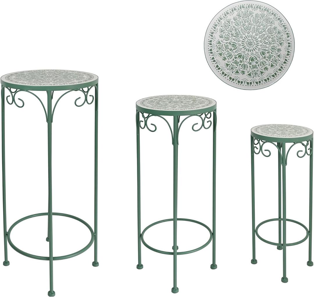 Metal Plant Stand Set of 3 Round Ceramic Tile Nesting Side Table Top 28" Tall Mosaic Flower Stand Indoor Outdoor Plant Rack Flower Holder for Wedding Party Patio Living Room Garden Decorative (Green)