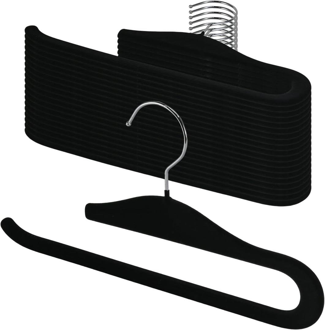 Velvet Pants Hangers, 20 Pack Non-Slip Open Ended Hangers with 360 Swivel Hook Slim Space Saving Jeans Hangers for Pants, Scarves, Ties, Towels, Black