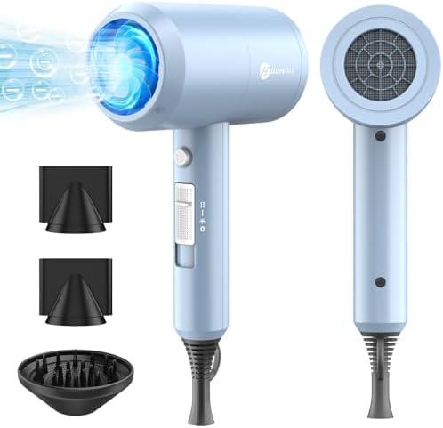 slopehill Professional Ionic Hair Dryer, Powerful 1800W Fast Drying Low Noise Blow Dryer with 2 Concentrator Nozzle 1 Diffuser Attachments for Home Salon Travel (Matte Blue)