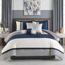 King Comforter Set Navy Cream Gray, Luxury Suede Feel, 7-Piece
