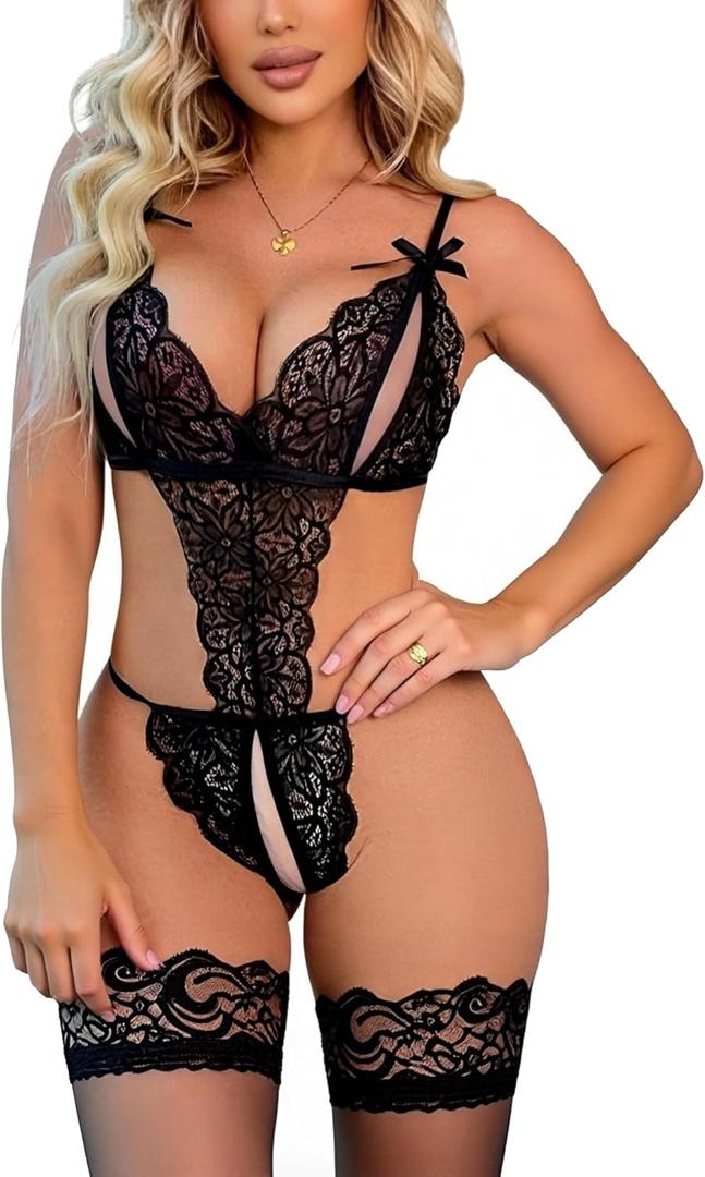 Women Sexy Lingerie One-Piece Lace Bodysuit Crotchless Lingerie Outfits - Adjustable Strap with Sheer Mesh XL