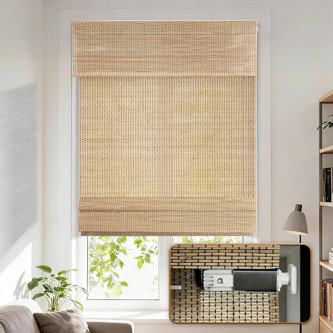 No Drill Cordless Bamboo Roman Shades, Nature, 21x48