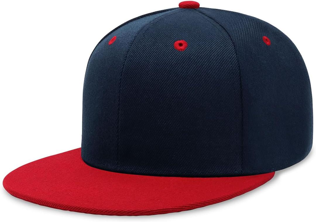 CHOK.LIDS Flat Bill Visor Classic Snapback Hat Blank Adjustable Brim High Top End Trendy Color Style Plain Tone Baseball Cap (Navy/Red)