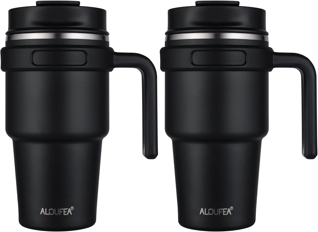 ALOUFEA 20 oz Insulated Coffee Mug Tumbler with Handle, Stainless Steel Travel Mug Tumbler with Lid and Straw,Double Wall Vacuum Leak Proof Ice Coffee Thermal Cup, Black