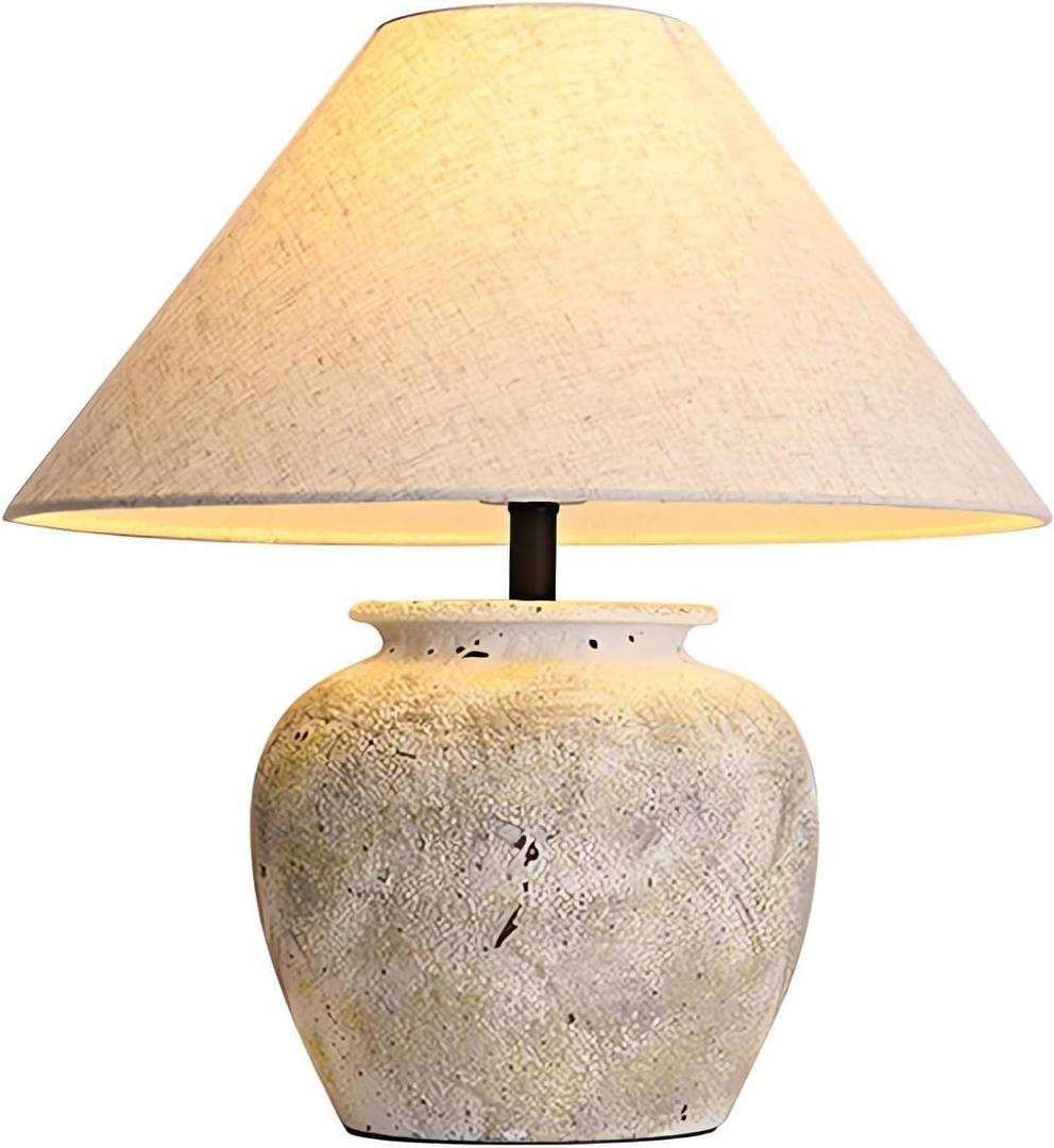 Farmhouse Table Lamp White Ceramic Lamps Rustic Clay Pot with Fabric Shade Decor for Living Room Bedroom House Bedside Nightstand Home Office