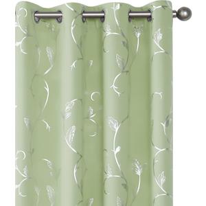 BUHUA Blackout Curtains Silver Foil Print Flower Vine Grommet Drapes, Room Darkening Thermal Insulated Curtains, Noise Reducing Curtain for Bedroom, Grass Green, 52Wx63L, 2 Panels