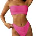 ZAFUL Women Strapless Textured Bandeau Bikini 2 Piece Swimwear Cheeky Solid Lace up Bathing Suits, Size M