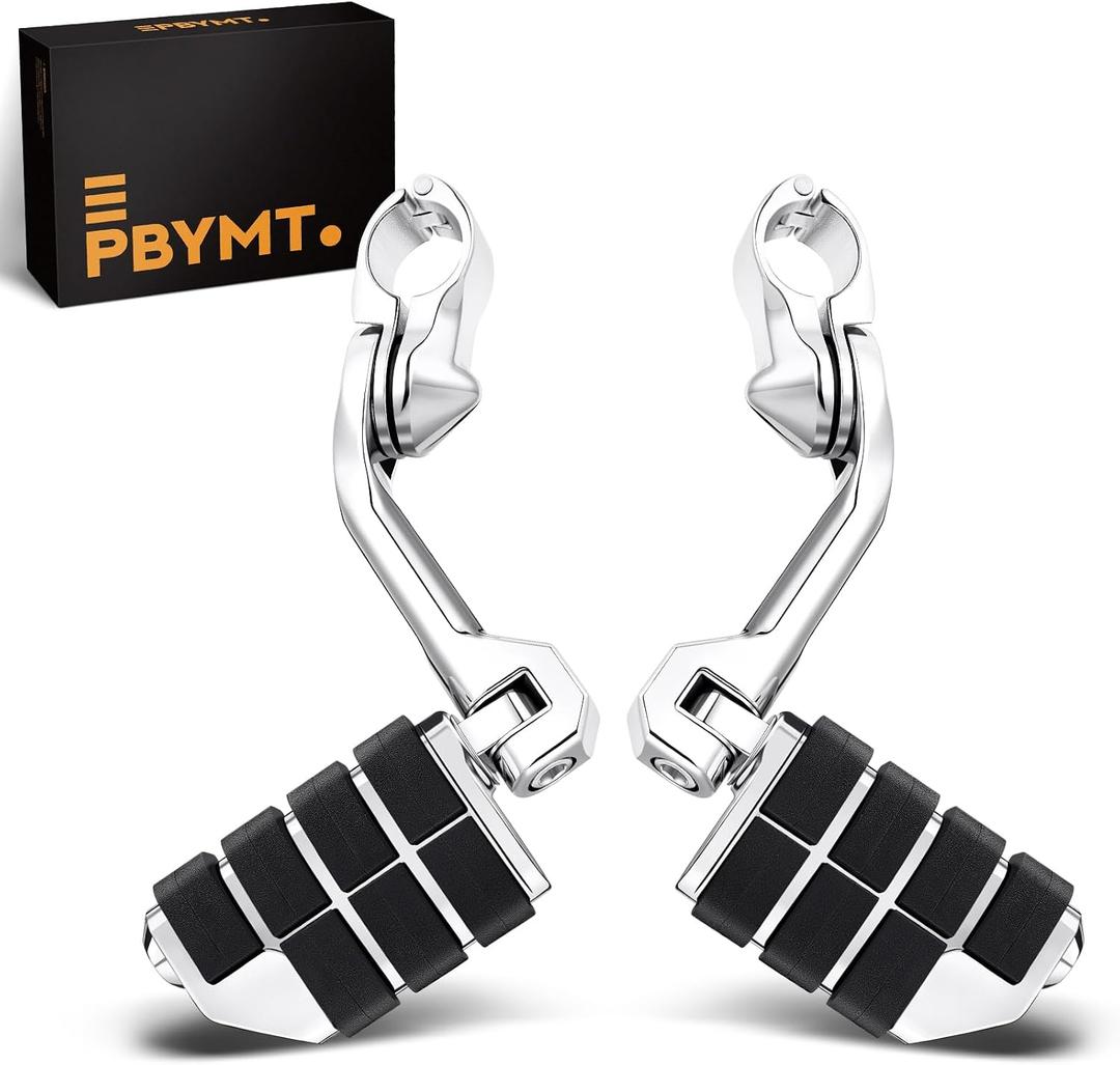 PBYMT Highway Pegs Long Angled 304 Stainless Steel, Highway Footpegs Footrest Fit For 1''&1.25''(25/32mm) Crash Bars Compatible with Harley Davidson Touring Streel Guide Chrome