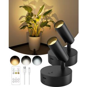 GOODEA Spotlights Indoor with Remote, 3000mAh Rechargeable Battery Plant Spotlight Indoor, Wireless Uplighting with 3 Colors & Dimmable, LED Picture Light for Painting, Artwork Accent Lighting(2 Pack)