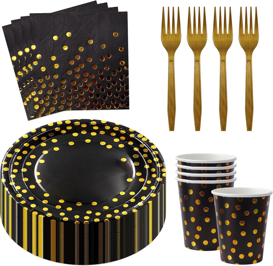160 Pcs Black and Gold Paper Plates, Forks and Cups Party Supplies, black birthday plates Tableware Supplies for Birthdays, Graduations, Weddings, Holidays Serves 30 (7 inches)