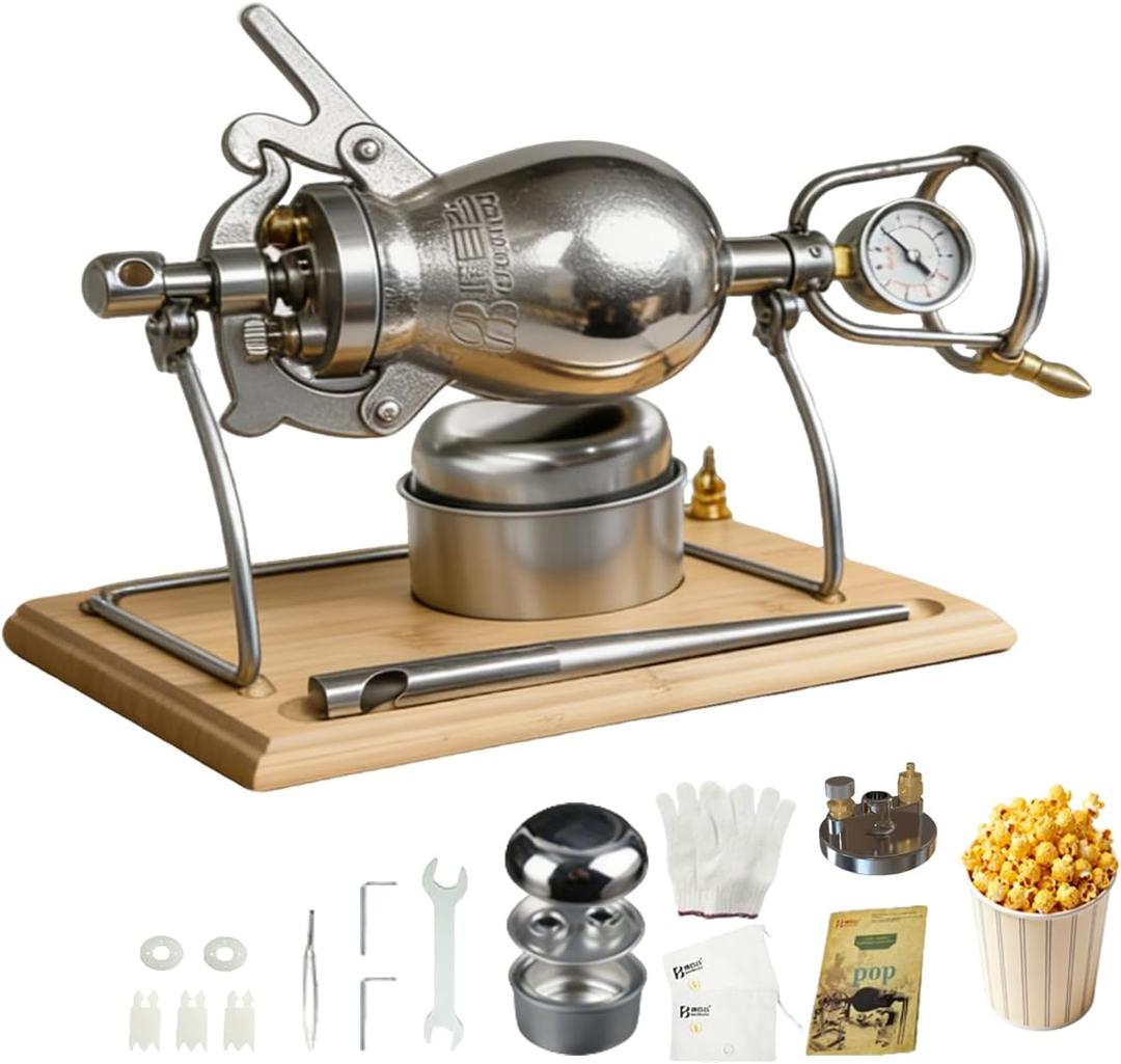 340ML Chinese Popcorn Machine, 304 Stainless Steel Popcorn Maker, High Pressure Hand Stick Pop Popcorn Popper for Movie Night Home Party Fun (Silver)