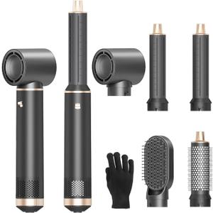 5 in 1 Hair Styler Curler & Hair Dryer Brush, Low-Speed Negative Ionic Air Styler Drying, Multi Hair Styler, Professional Blow Dryer Brush for Curling Volumizing Straightening Styling(Gray Gold)