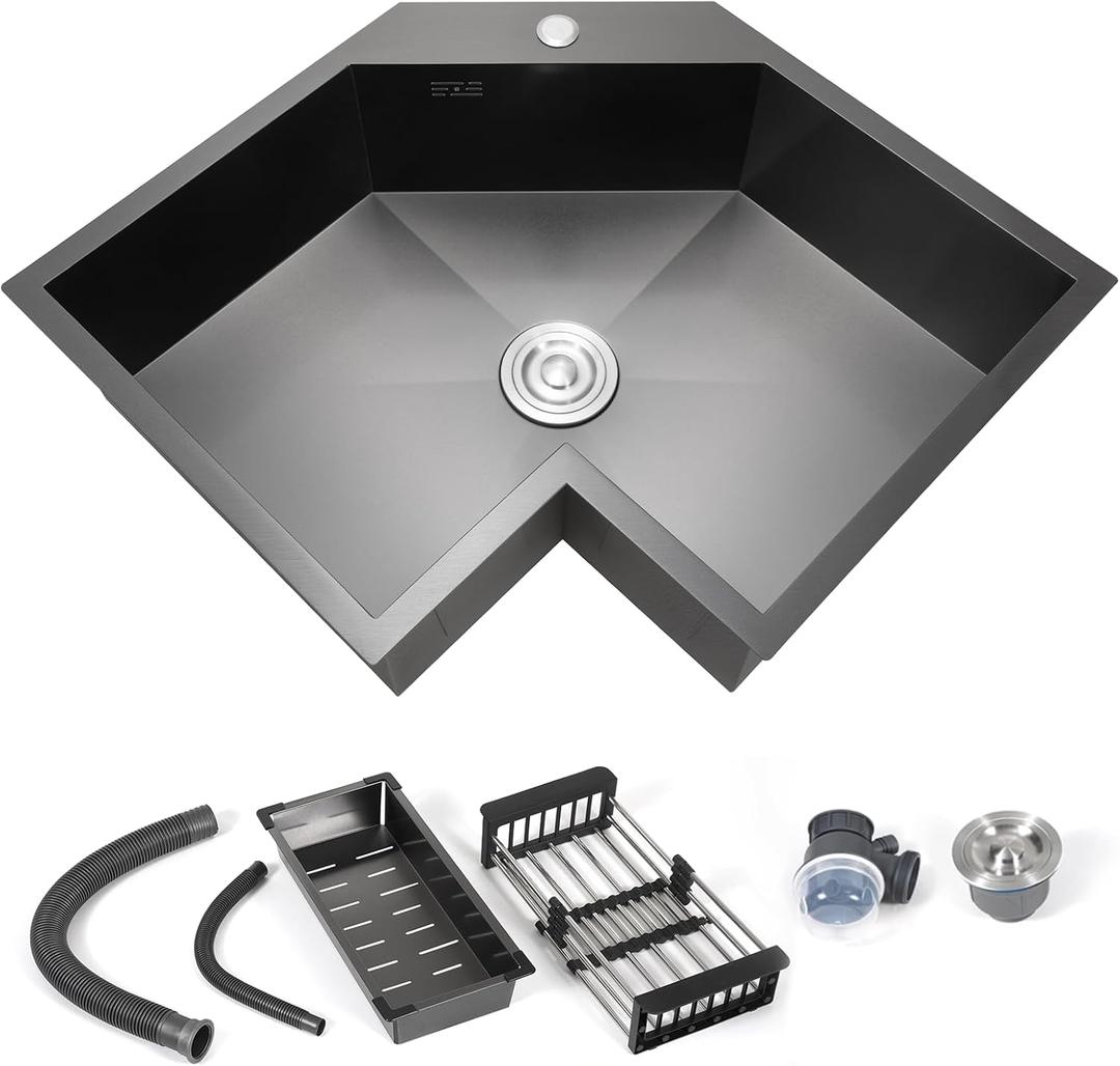 Corner Kitchen Sink 25 Inch, Black Butterfly Sink, 304 Stainless Steel Corner Sink Drop In Undermount Workstation Sink with Drain Rack, Tray & Sound Dampening, 24x9x24 inches
