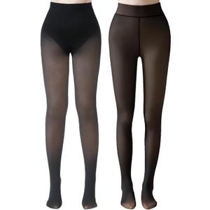 Delcast 2 Pairs Fleece Lined Tights WomenFake Translucent Thermal Sheer Thick Pantyhose Leggings for Winter (Black, M)