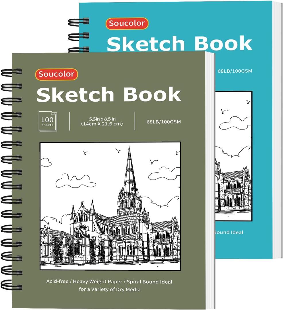 Soucolor 5.5" x 8.5" Sketchbook Pack of 2, 200 Sheets Blank Journal Notebook, A5, Spiral Bound Sketch Pad Drawing Book Acid-Free Paper (68lb/100gsm), Painting Sketching Drawing Notebook Art Supplies