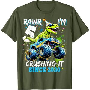 5th Birthday Monster Truck Dinosaur Party Boys Rawr I'm 5 T-Shirt XS