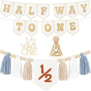 1/2 Birthday Boy Half Birthday Decorations - Half Way to One Banner Cake Topper Tassel Wood Bead High Chair Banner Hat for Boys and Girls 6 Months Birthday Decorations Party Supplies (Baby Blue)