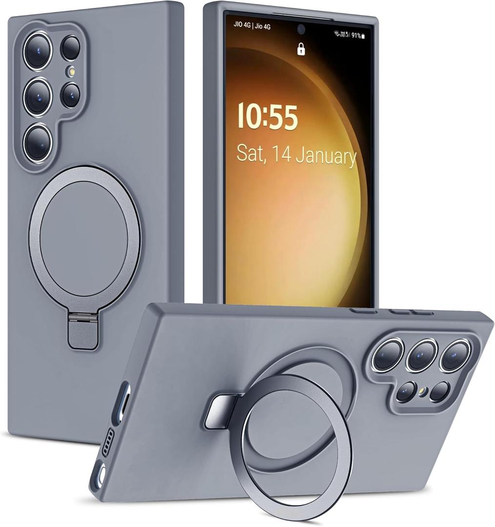 for Samsung Galaxy S23 Ultra Case with Magnetic Invisible Stand [Compatible with MagSafe] Military Drop Tested [Full Camera Protection] Silicone S23 Ultra Case for Women Men 6.8'', Grey (Gray)