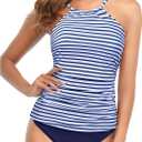 Tempt Me Two Piece Tankini Set Tummy Control Swimsuit for Women High Neck Top with Bottom Bathing Suits Ruched Swimwear (Small, Blue Stripe)