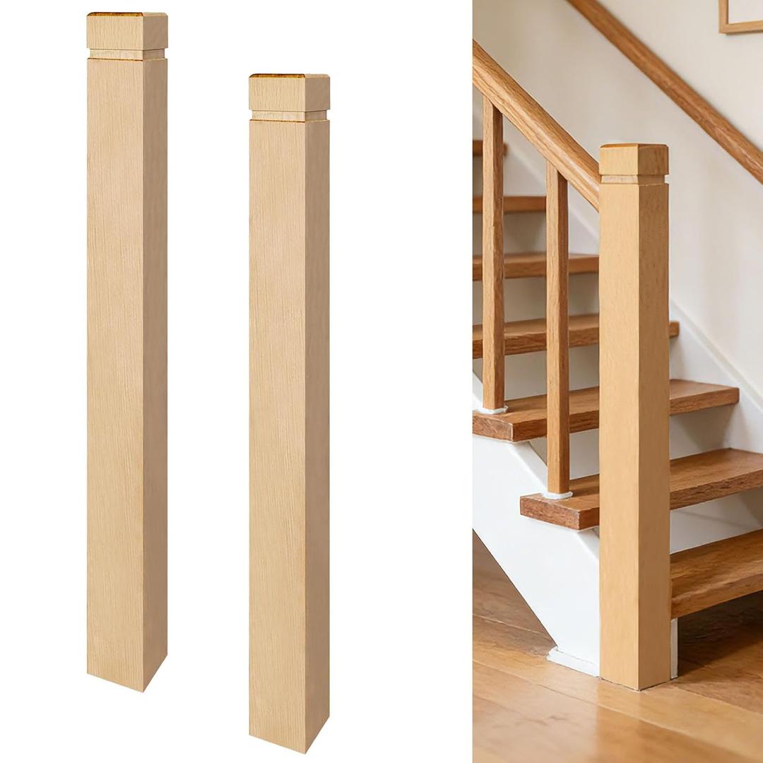 2 Pcs Red Oak Newel Post - 3.5"x3.5"x48"Solid Hardwood Stair Post for Indoor Stair Railing & Porch Columns, Natural Unfinished