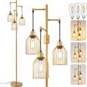Dimmable Industrial Floor Lamp with 3 Cage Heads, 68.5" Gold Tree Standing Lamp with Stepless Dimming, Modern Farmhouse Tall Pole Light for Living Room, Bedroom, Office, E26 Base (Bulbs Included)