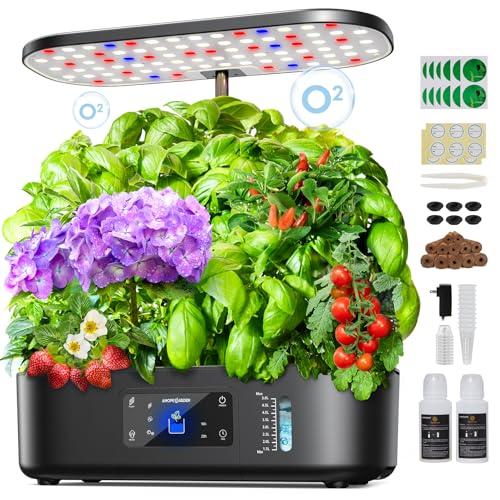 Ahopegarden Hydroponics Growing System Kit Indoor Herb Garden with Grow Light 12 Pods, with LCD Touch Panel Hydroponic Planter, Planting Height Up to 17", Grower Harvest Fresh Veggie Lettuce, Black