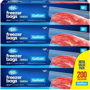 Gallon Freezer Bags, Double Zipper Seal - 200 Count, (4 Packs of 50) Thick Plastic Storage Bags - Reusable Gallon Storage Bags for Food Storage, Meat, Vegetables, Fruit - Microwave-Safe, BPA Free