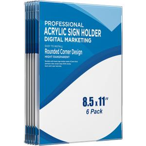 Acrylic Sign Holder 8.5x11 Wall Mount (6 Pack) Vertical Clear Frame with 3M Adhesive Tape, No Drilling Sign Display for Office, Store, Home, Restaurant