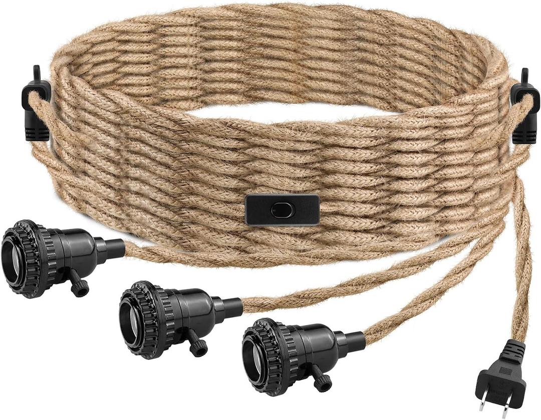 LYOOWNG 3 Light Plug in Pendant Light Cord, 25FT Hanging Lights with Plug in Cord, Hemp Rope Hanging Light Kit with 2 Way Switch, Farmhouse Pendant Light Kits DIY HangingLight
