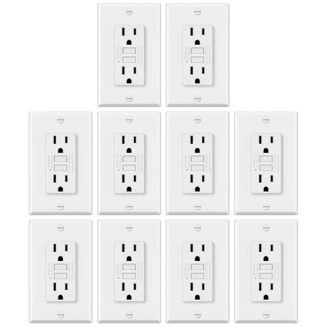 10 Pack GFCI Outlets 15 Amp, Non-Tamper Resistant, Decor GFI Receptacles with LED Indicator, Ground Fault Circuit Interrupter, Wallplate Included, ETL Listed, White