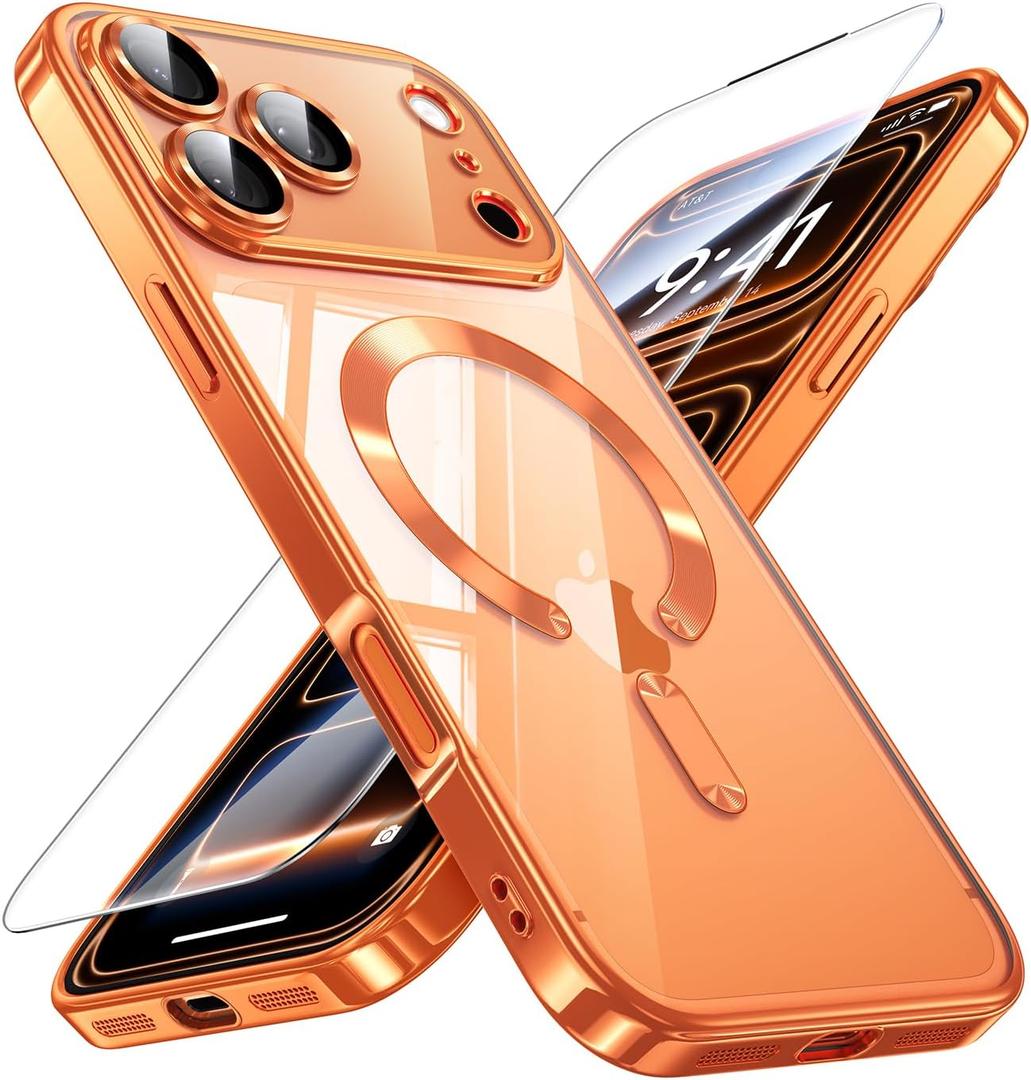 JUESHITUO for iPhone 17 Pro Case with Full Camera Lens Protector(Compatible with MagSafe) (Military Grade Drop Protection) 1X Screen Protector, Magnetic Cover for iPhone 17 Pro, Cosmic Orange