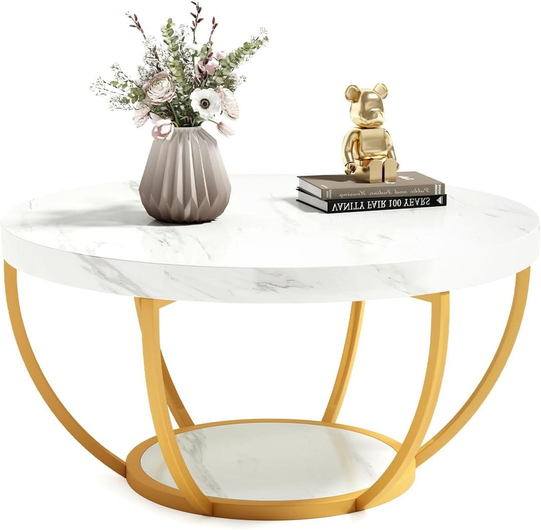 LITTLE TREE Round Coffee Table, 32" Circle Faux Marble Coffee Tables for Living Room, 2-Tier Golden Metal Legs Accent Center Table with Open Storage Modern Design Home Furniture (White and Gold)