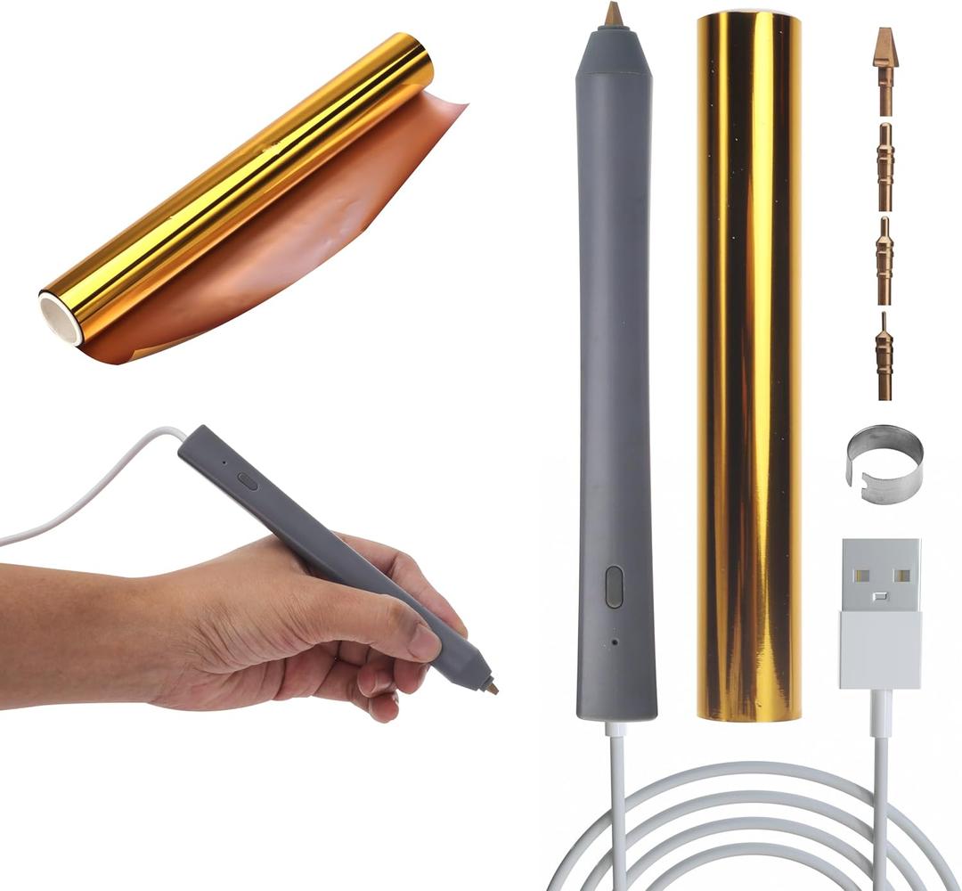 Joelver Maker Hot Foiling Pen with 4 Size Metal Tips &1pc Silver Heat Activated Foil Rolls,Hot Foil Quill Pen for Card Making Scrapbooking Tools, USB Powered DC5V Foil Quill Pen Starter Kits (Grey)