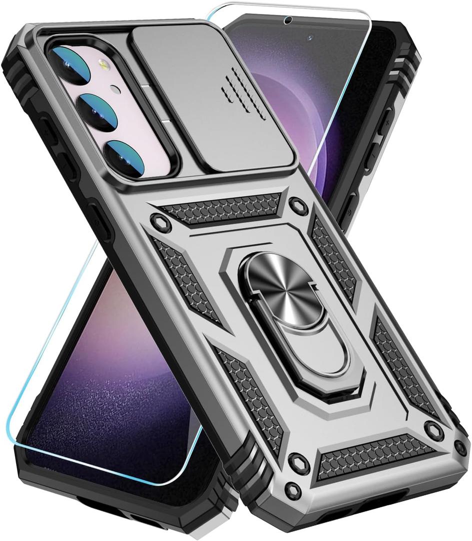 SunStory Phone Case for Samsung Galaxy S23 Case with HD Screen Protector & Slide Camera Cover & Rotated Ring Kickstand, [Military-Grade] [2 in 1] Phone Case for Galaxy S23 6.1'',Silver