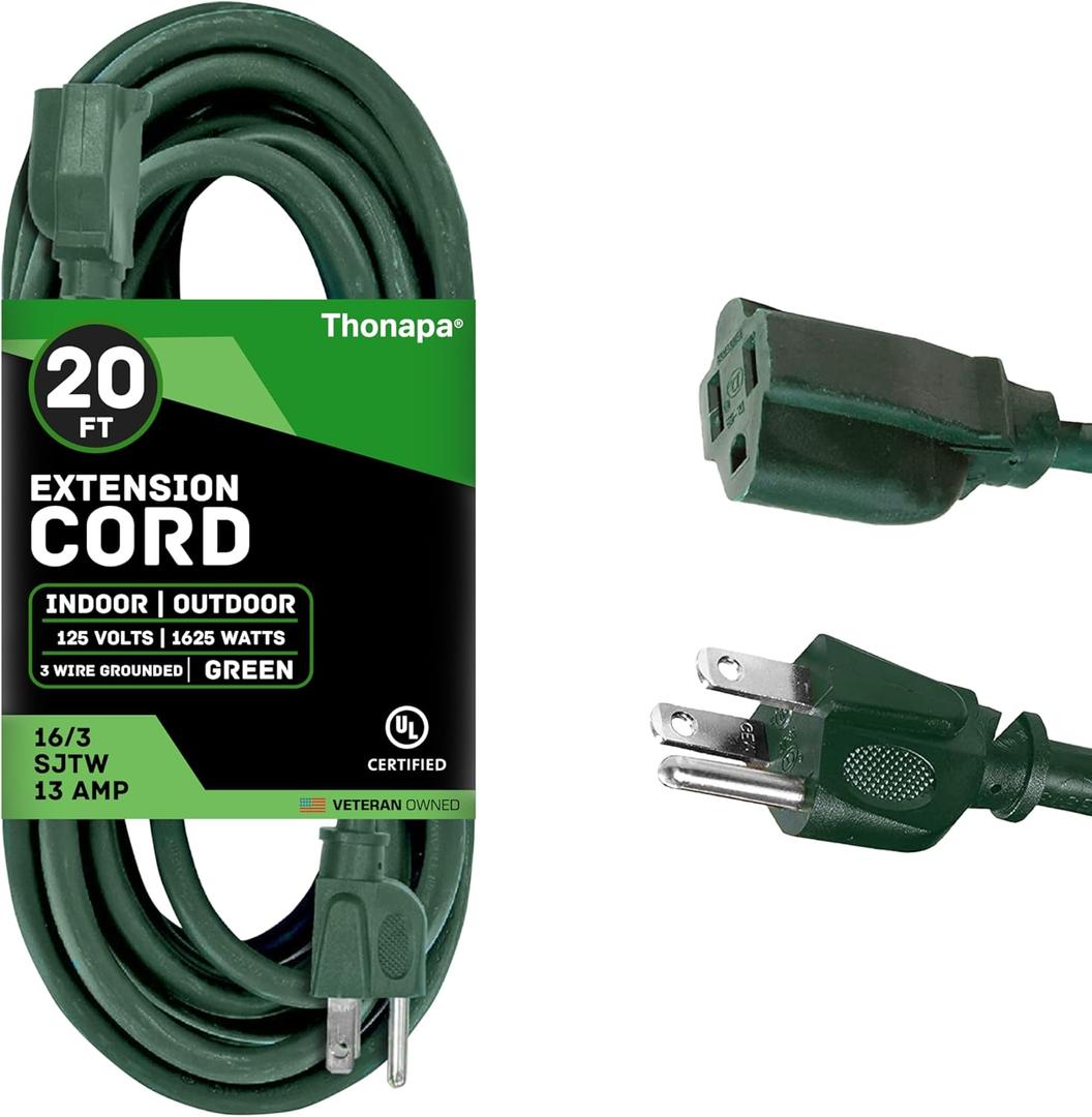 13 Amp Outdoor Extension Cord 20 ft, 16/3 SJTW 20ft Green Extension Cord 3 Prong, Weatherproof for Outdoor Lights, Landscaping & Lawn - US Veteran Owned